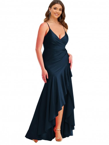 Pleated Wrap Ruffled High Low Silky Satin Prom Dress Clearance