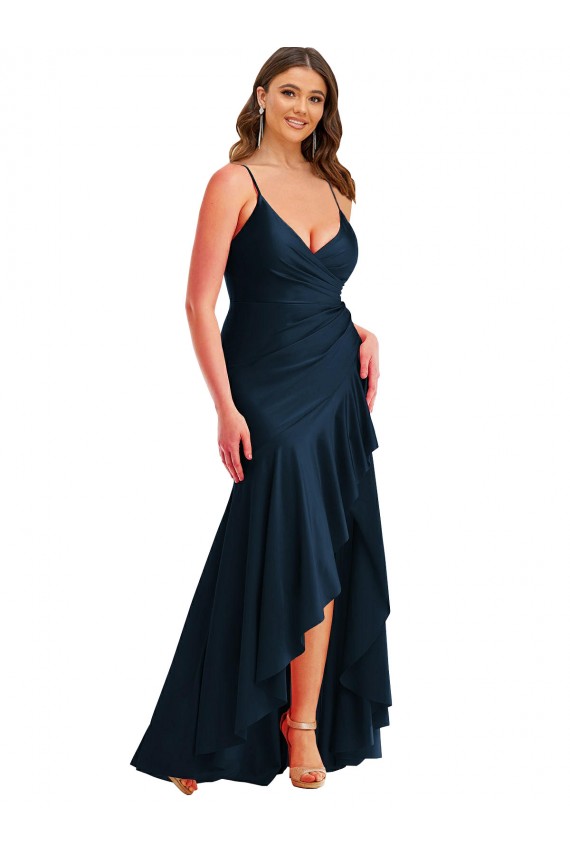 Pleated Wrap Ruffled High Low Silky Satin Prom Dress Clearance
