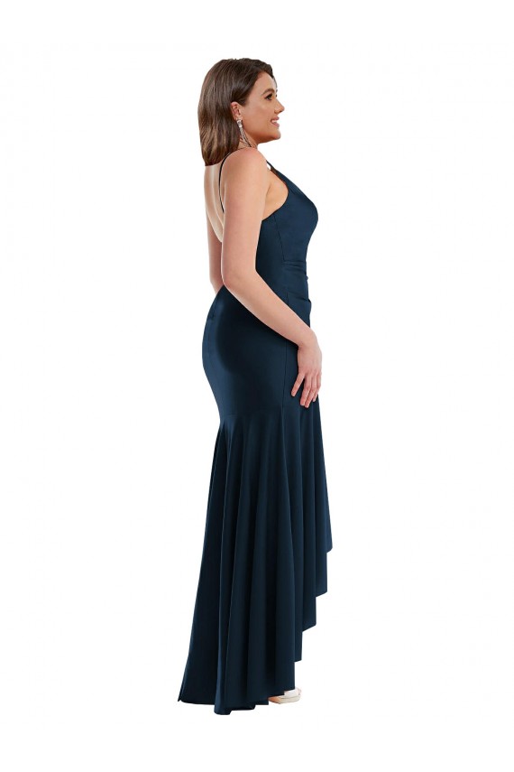 Pleated Wrap Ruffled High Low Silky Satin Prom Dress Clearance