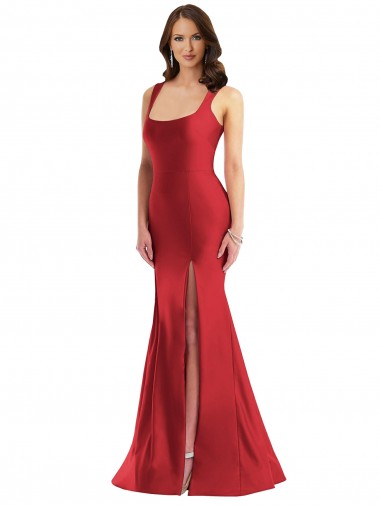 Square Neck Silky Satin Mermaid Prom Dress with Side Slit Clearance