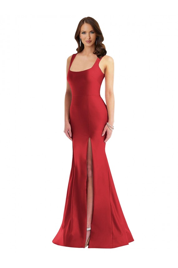 Square Neck Silky Satin Mermaid Prom Dress with Side Slit Clearance