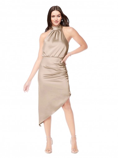 Silky Satin High Low Midi Length Cocktail Prom Dress / Homecoming Dress with Asymmetric Skirt Clearance