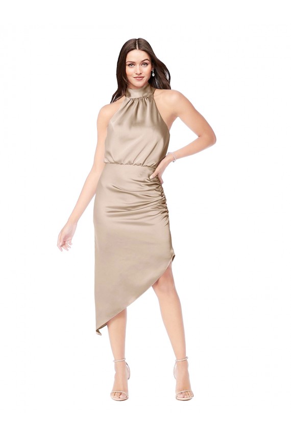Silky Satin High Low Midi Length Cocktail Prom Dress / Homecoming Dress with Asymmetric Skirt Clearance