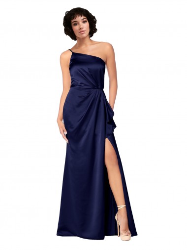One Shoulder Silky Satin Prom Dress with Skirt Slit Clearance
