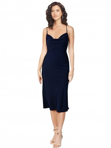 Short Midi Length Silky Satin Cocktail Prom Dress / Homecoming Dress with Cowl Neck and Cross Back Straps Clearance