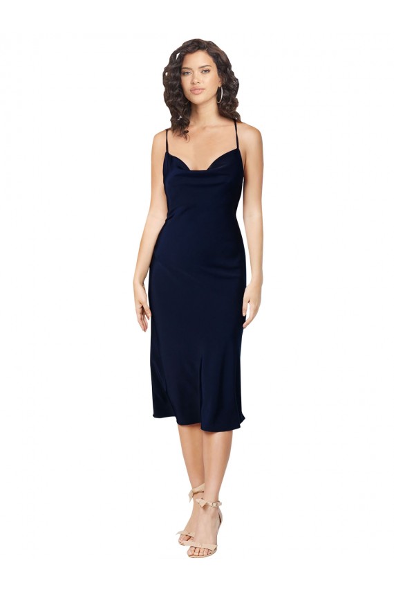 Short Midi Length Silky Satin Cocktail Prom Dress / Homecoming Dress with Cowl Neck and Cross Back Straps Clearance