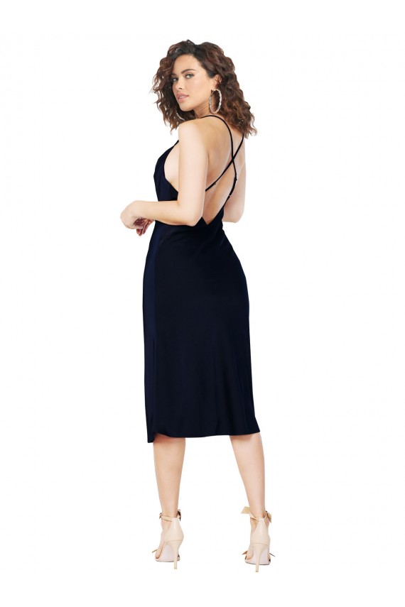 Short Midi Length Silky Satin Cocktail Prom Dress / Homecoming Dress with Cowl Neck and Cross Back Straps Clearance