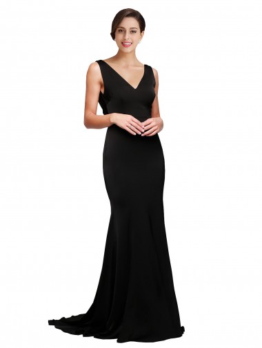 V-Neck Full Length Silky Satin Prom Dress with Soft Cowl Neck and Sweep Train Clearance