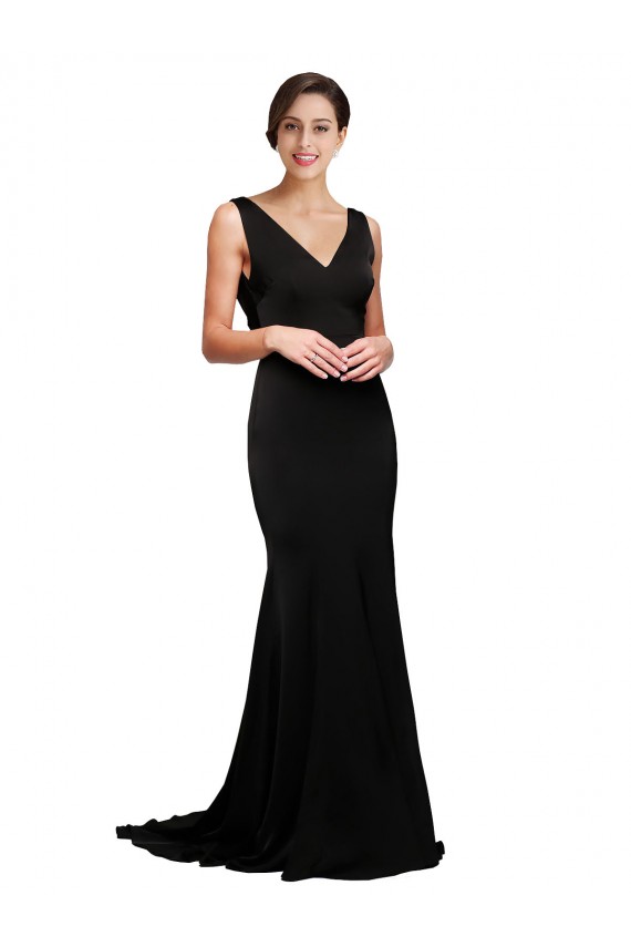 V-Neck Full Length Silky Satin Prom Dress with Soft Cowl Neck and Sweep Train Clearance