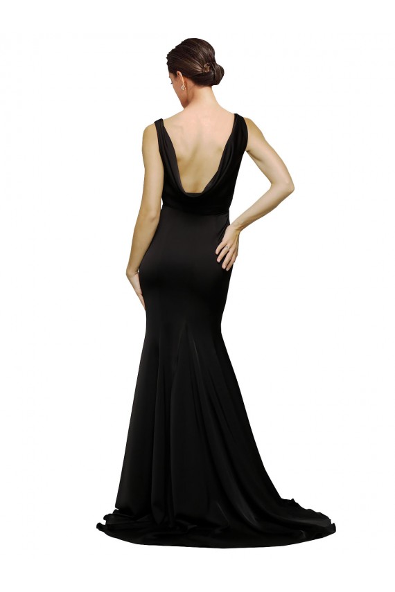 V-Neck Full Length Silky Satin Prom Dress with Soft Cowl Neck and Sweep Train Clearance