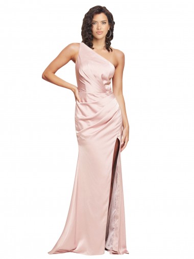 Full Length Ruched Silky Satin Prom Dress with Low Back and High Split Clearance