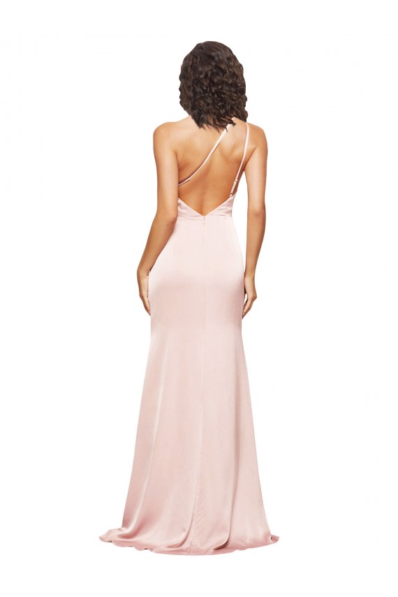 Full Length Ruched Silky Satin Prom Dress with Low Back and High Split Clearance