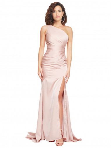 Full Length One Shoulder Long Silky Satin Prom Dress with High Split Clearance
