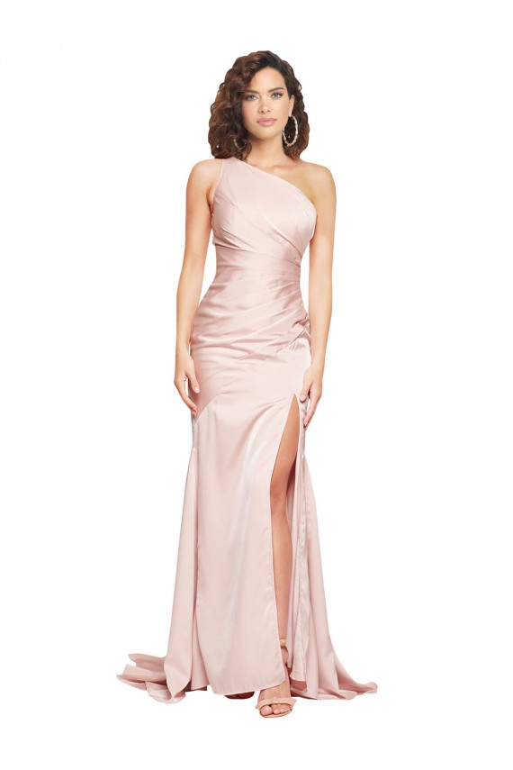 Full Length One Shoulder Long Silky Satin Prom Dress with High Split Clearance