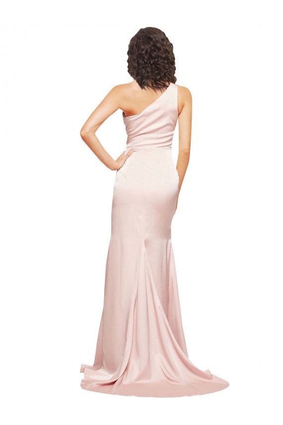 Full Length One Shoulder Long Silky Satin Prom Dress with High Split Clearance