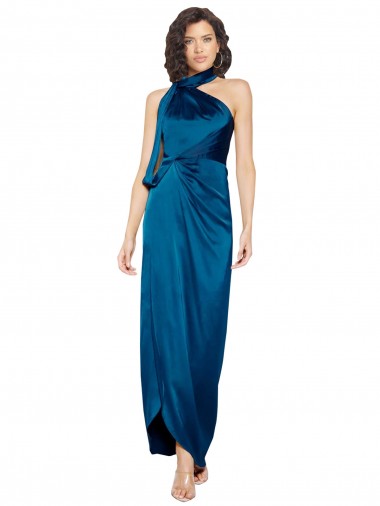 High Halter Neck Silky Satin Prom Dress with Sash Overlay and Side Split Clearance