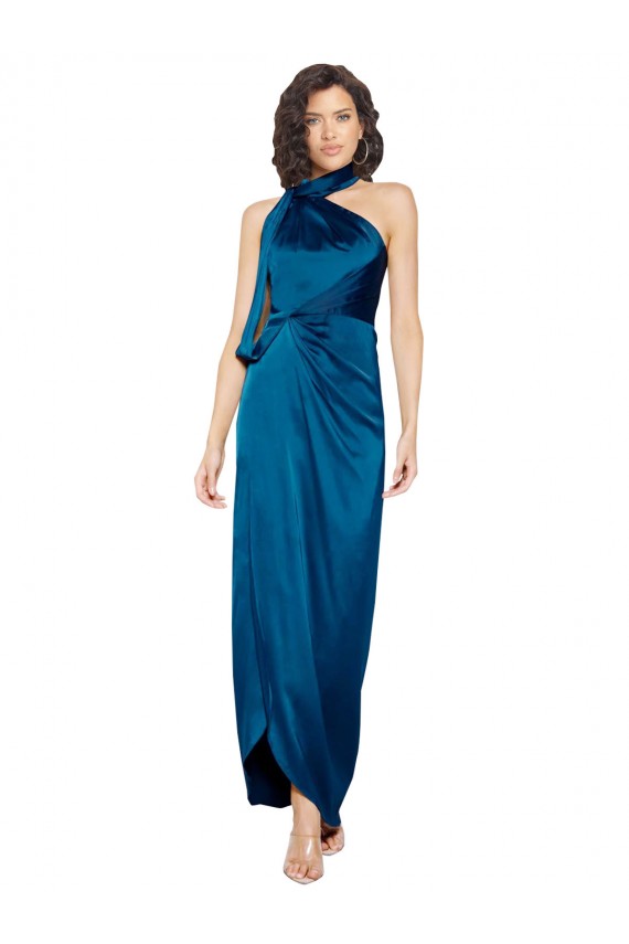 High Halter Neck Silky Satin Prom Dress with Sash Overlay and Side Split Clearance