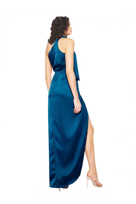High Halter Neck Silky Satin Prom Dress with Sash Overlay and Side Split Clearance