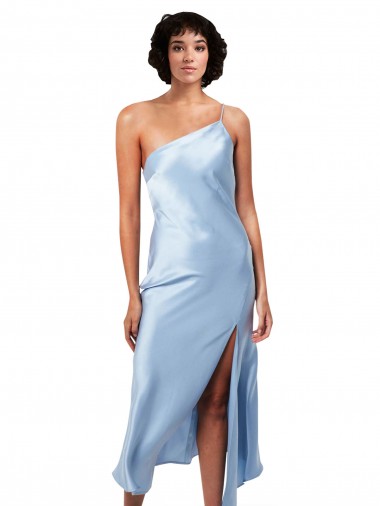 Midi Length Short Silky Satin Cocktail Prom Dress / Homecoming Dress with Asymmetric Neckline and High Side Split Clearance