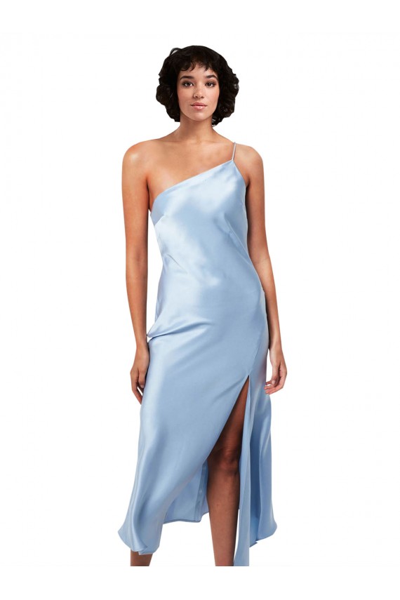 Midi Length Short Silky Satin Cocktail Prom Dress / Homecoming Dress with Asymmetric Neckline and High Side Split Clearance