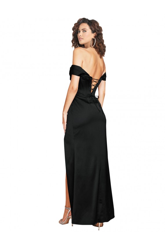 Fitted Sweetheart Neckline Silky Satin Prom Dress with Off the Shoulder Sleeves and High Slit Clearance