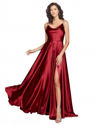 Cowl Neckline Long Silky Satin Prom Dress with Spaghetti Straps Clearance