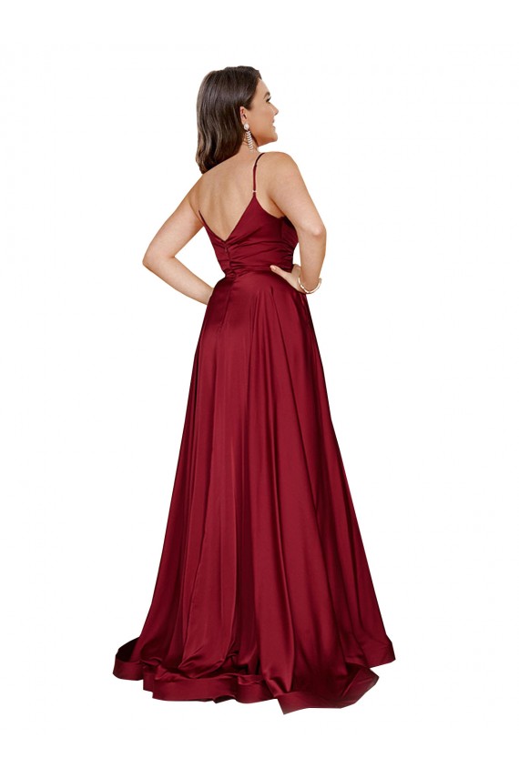 Deep V-Neck Sweetheart Long Silky Satin Prom Dress with Thigh High Slit Clearance