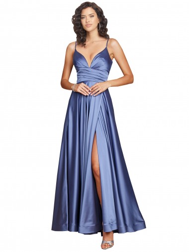 Deep V-Neck Sweetheart Long Silky Satin Prom Dress with Thigh High Slit Clearance