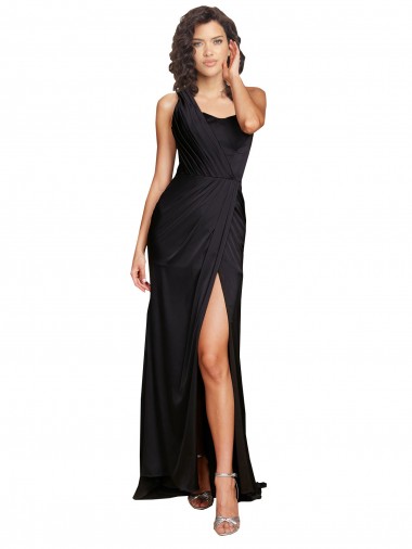 Full Length One Shoulder Ruffled Long Silky Satin Prom Dress with High Slit Clearance