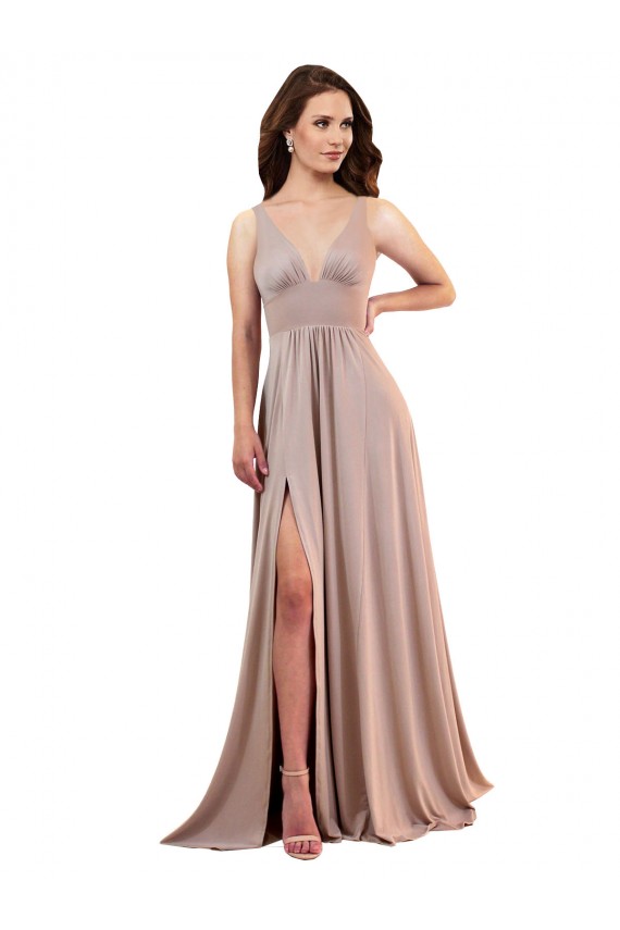 Long A-Line Plunge V-Neckline Spandex Prom Dress with Slit Clearance
