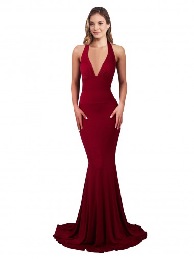 Halter Mermaid Plunge V-Neckline Open Back Bow Tie Spandex Prom Dress Clearance