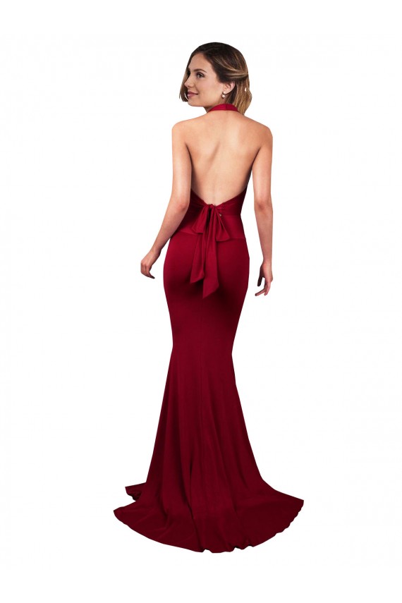 Halter Mermaid Plunge V-Neckline Open Back Bow Tie Spandex Prom Dress Clearance