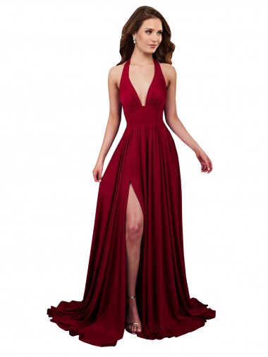 A-Line Halter Plunge V-Neckline Open Back Spandex Prom Dress with Slit Clearance