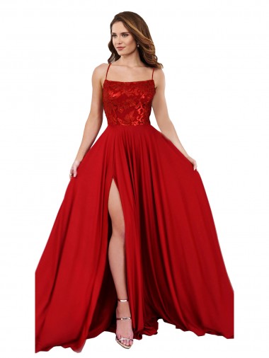 Lace Over Bodice Long Spandex Prom Dress with Slit Clearance