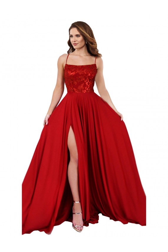 Lace Over Bodice Long Spandex Prom Dress with Slit Clearance