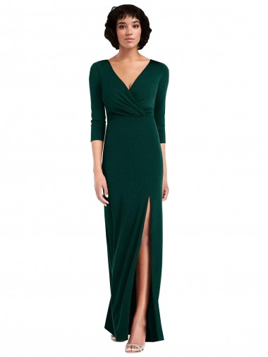 Floor Length 3/4 Sleeves V-Back Draped Wrap Maxi Spandex Prom Dress Clearance