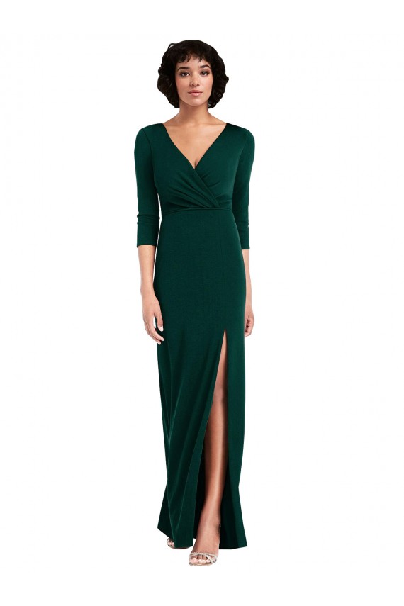 Floor Length 3/4 Sleeves V-Back Draped Wrap Maxi Spandex Prom Dress Clearance