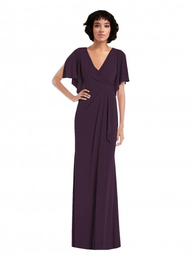 Faux Wrap Split Sleeves Maxi Spandex Prom Dress with Cascade Skirt Clearance