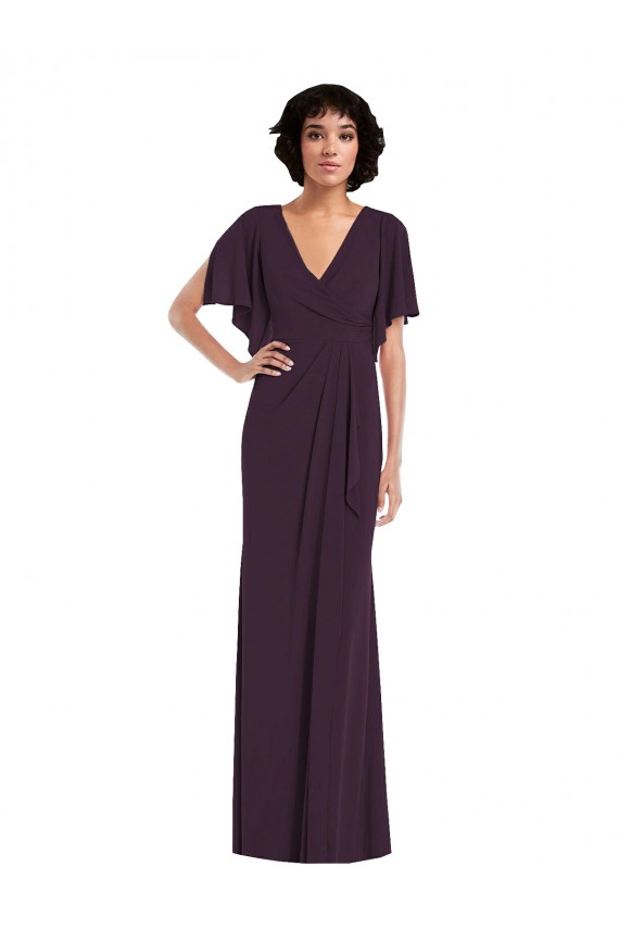 Faux Wrap Split Sleeves Maxi Spandex Prom Dress with Cascade Skirt Clearance