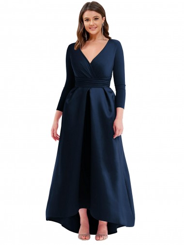 Long Sleeves Wrapped Spandex Prom Dress with High Low Full Skirt and Pockets Clearance