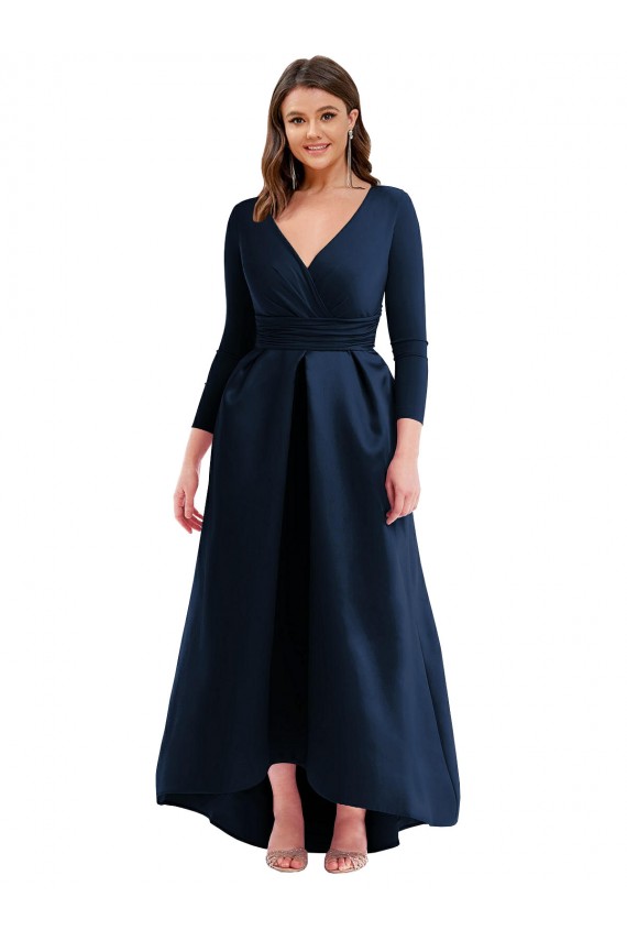 Long Sleeves Wrapped Spandex Prom Dress with High Low Full Skirt and Pockets Clearance