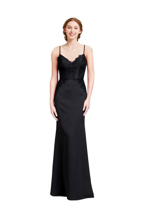 Long Chiffon Prom Dress with Lace Bodice and Curved V-Neckline Clearance