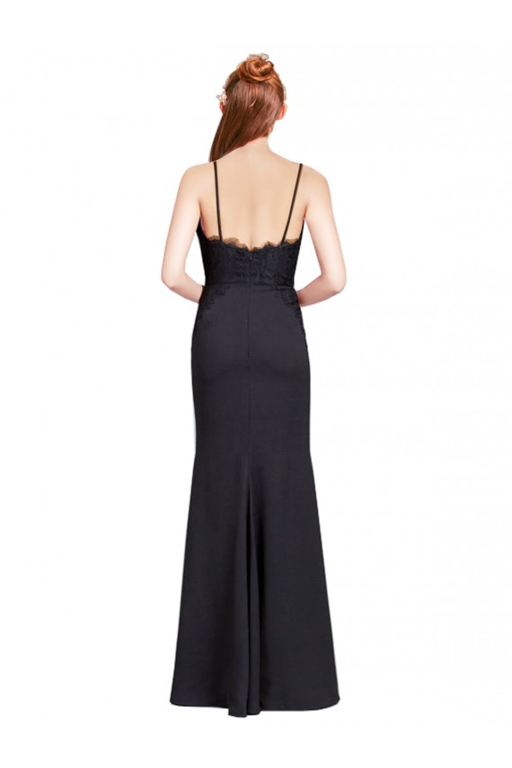 Long Chiffon Prom Dress with Lace Bodice and Curved V-Neckline Clearance