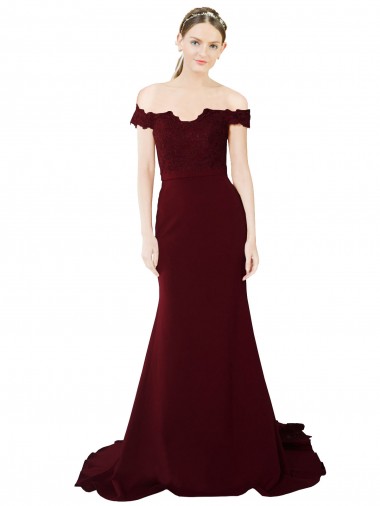 Full Length Off the Shoulder Formal Crepe Prom Dress with Lace On Bodice and Back Clearance
