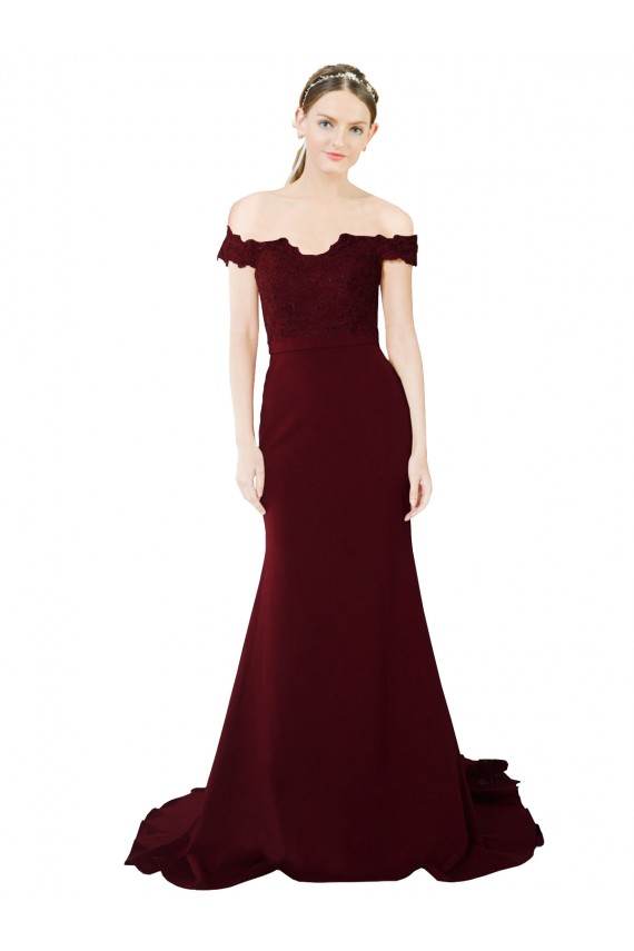 Full Length Off the Shoulder Formal Crepe Prom Dress with Lace On Bodice and Back Clearance