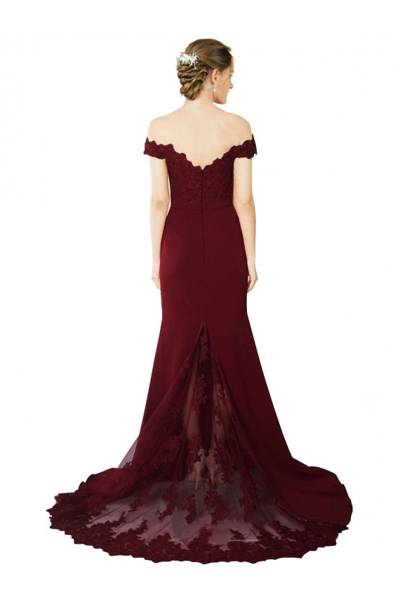 Full Length Off the Shoulder Formal Crepe Prom Dress with Lace On Bodice and Back Clearance