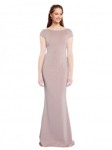 Boat Neck Cap Sleeve Crepe Prom Dress with Plunging Tie Back Clearance