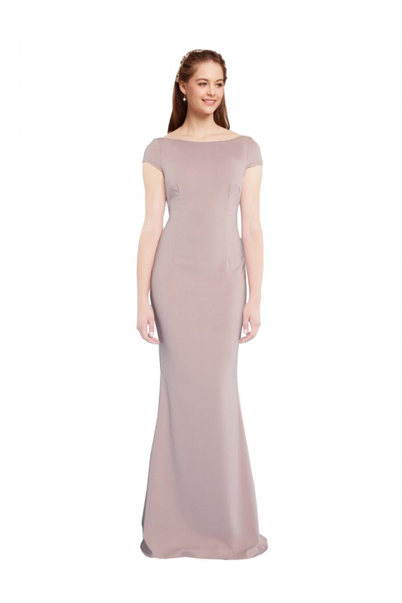 Boat Neck Cap Sleeve Crepe Prom Dress with Plunging Tie Back Clearance