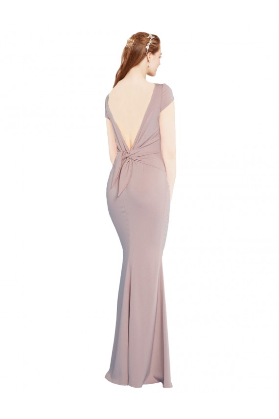Boat Neck Cap Sleeve Crepe Prom Dress with Plunging Tie Back Clearance