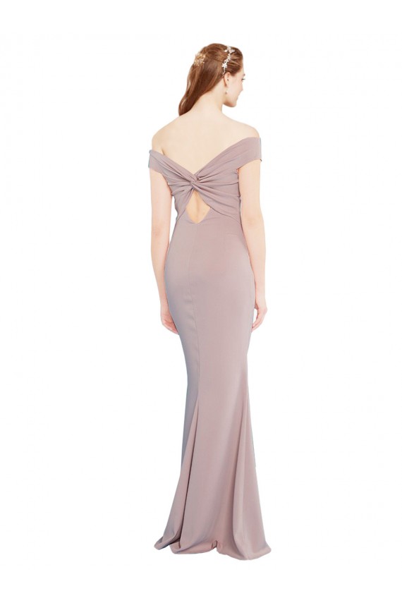 Knotted Off the Shoulder Crepe Prom Dress with Cut-Out Back Clearance